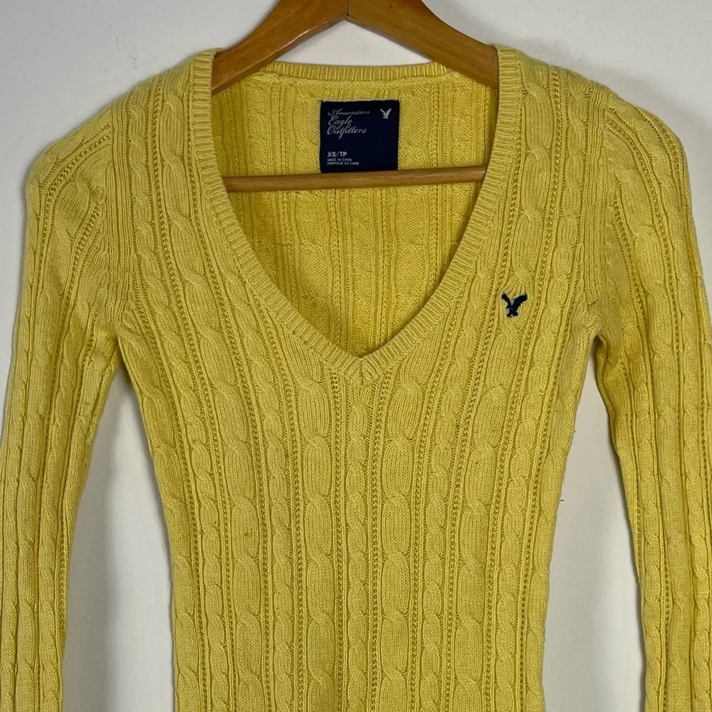 Vintage‎ Y2K American Eagle Sweater Women XSmall Cable Knit V Neck Slim Longline - Picture 2 of 10